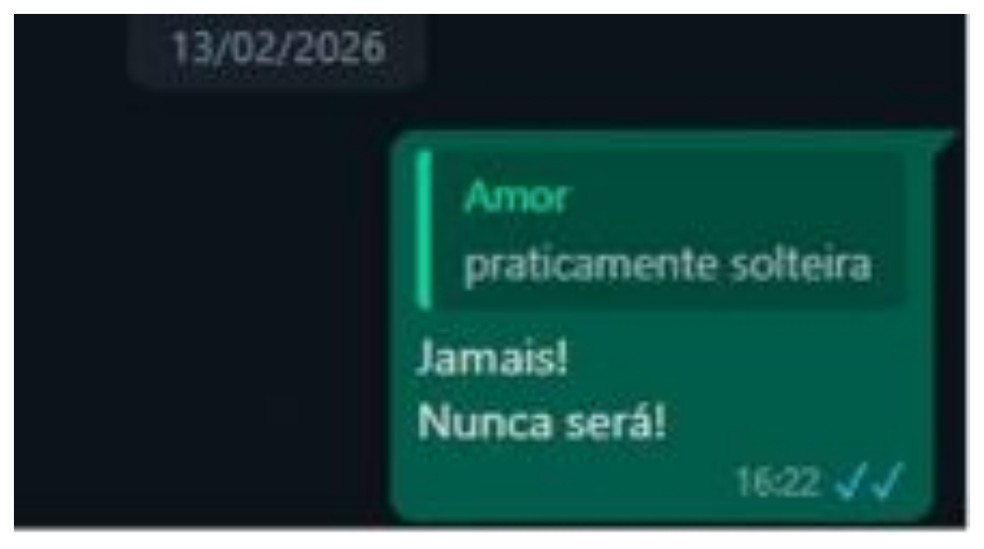 Gisele Alves diz que est&aacute; 'praticamente solteira'. Geraldo Neto responde: 'Jamais! Nunca ser&aacute;!' &mdash; Foto: Reprodu&ccedil;&atilde;o