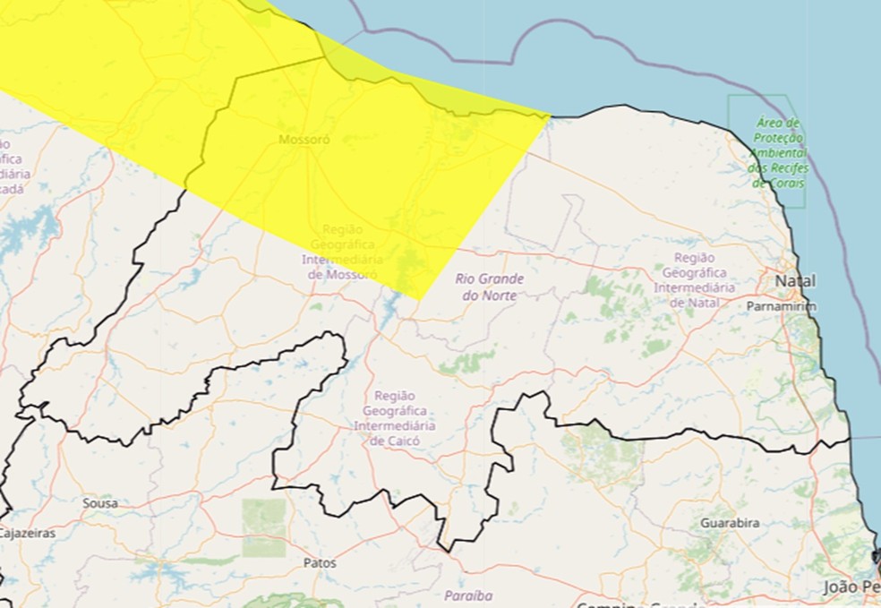 Alerta de chuva abrange 28 municípios do RN — Foto: Inmet/Reprodução