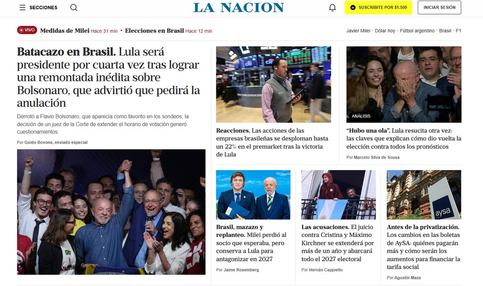 Reeleição do presidente Lula destacada na página inicial do jornal La Nación, da Argentina, em 26 de outubro de 2026. — Foto: Reprodução/La Nación
