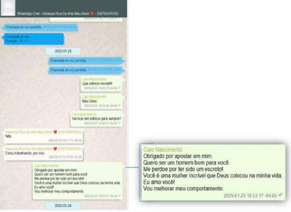Mensagem de desculpas enviada por Caio no dia 23 de janeiro. — Foto: Reprodução