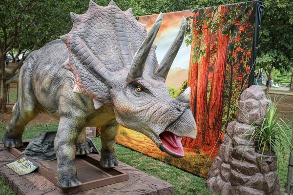 Praça vira 'Vale dos Dinossauros' e exposição gratuita atrai curiosidade  com réplicas dos animais em MT, Mato Grosso
