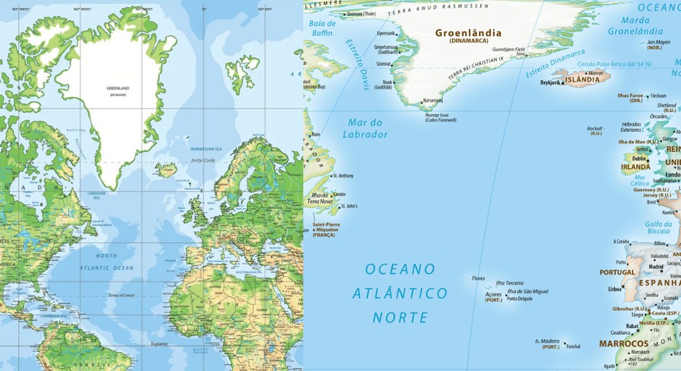 Comparação entre a Projeção de Mercator (esquerda) e o novo mapa aprovado pela ONU (direita) mostra a diferença na proporção de terras mais próximas aos pólos: a Groenlândia é uma das maiores representações. — Foto: Reprodução/equal-earth.com
