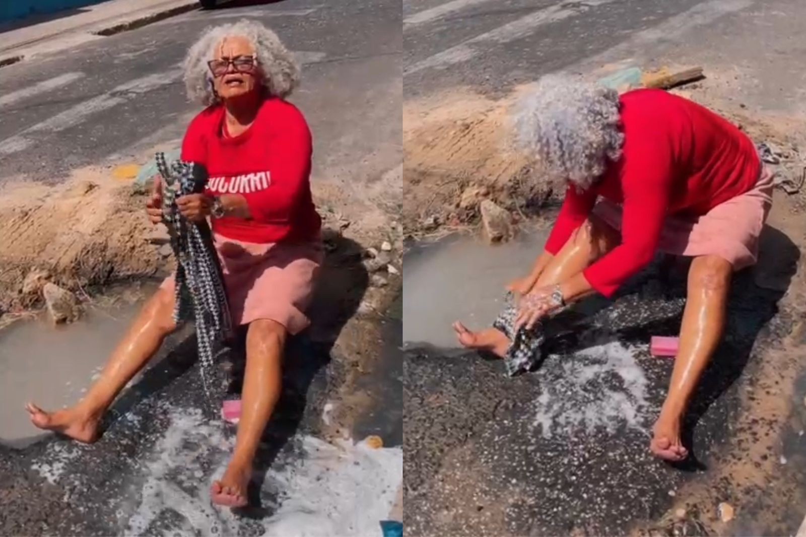 Vídeo: buraco aberto em rua há dois meses vira 'tanque' durante protesto de vendedora em Teresina