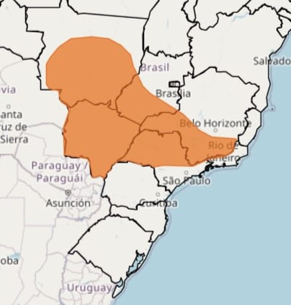 Regiões em laranja no mapa devem ser as mais atingidas pelos temporais. — Foto: Inmet