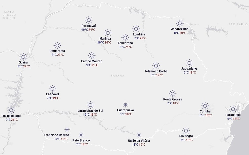 Previsão do tempo do Simepar para esta terça-feira, 12 de agosto — Foto: Reprodução/Simepar