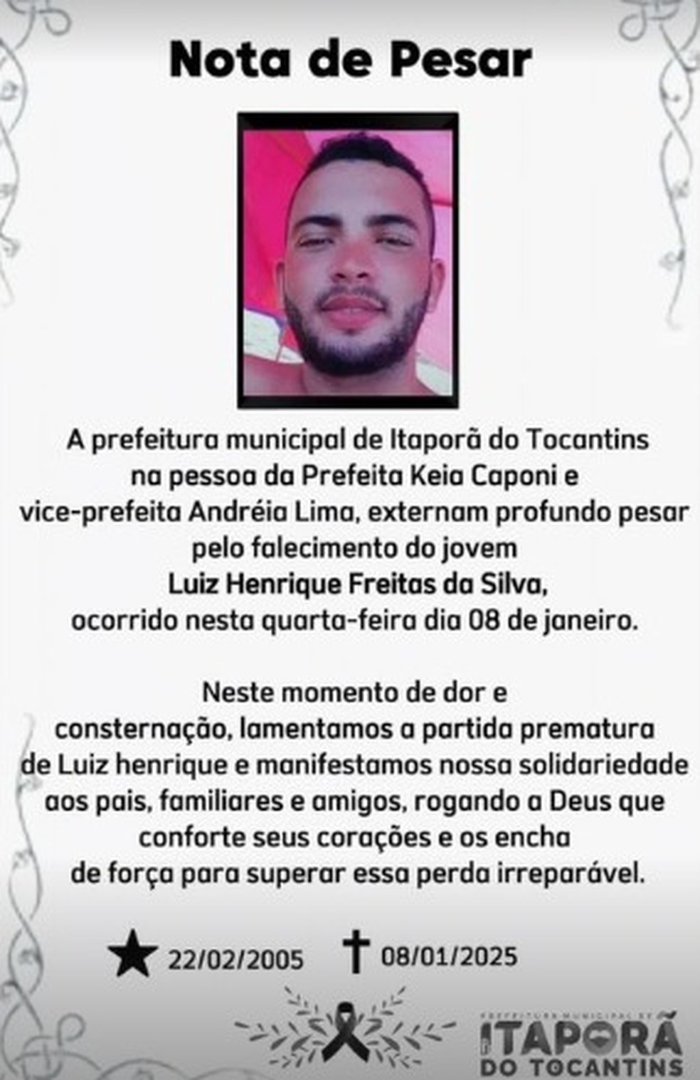 Prefeitura de Itaporã do Tocantins publica nota de pesar  Foto: Reprodução/Redes Sociais