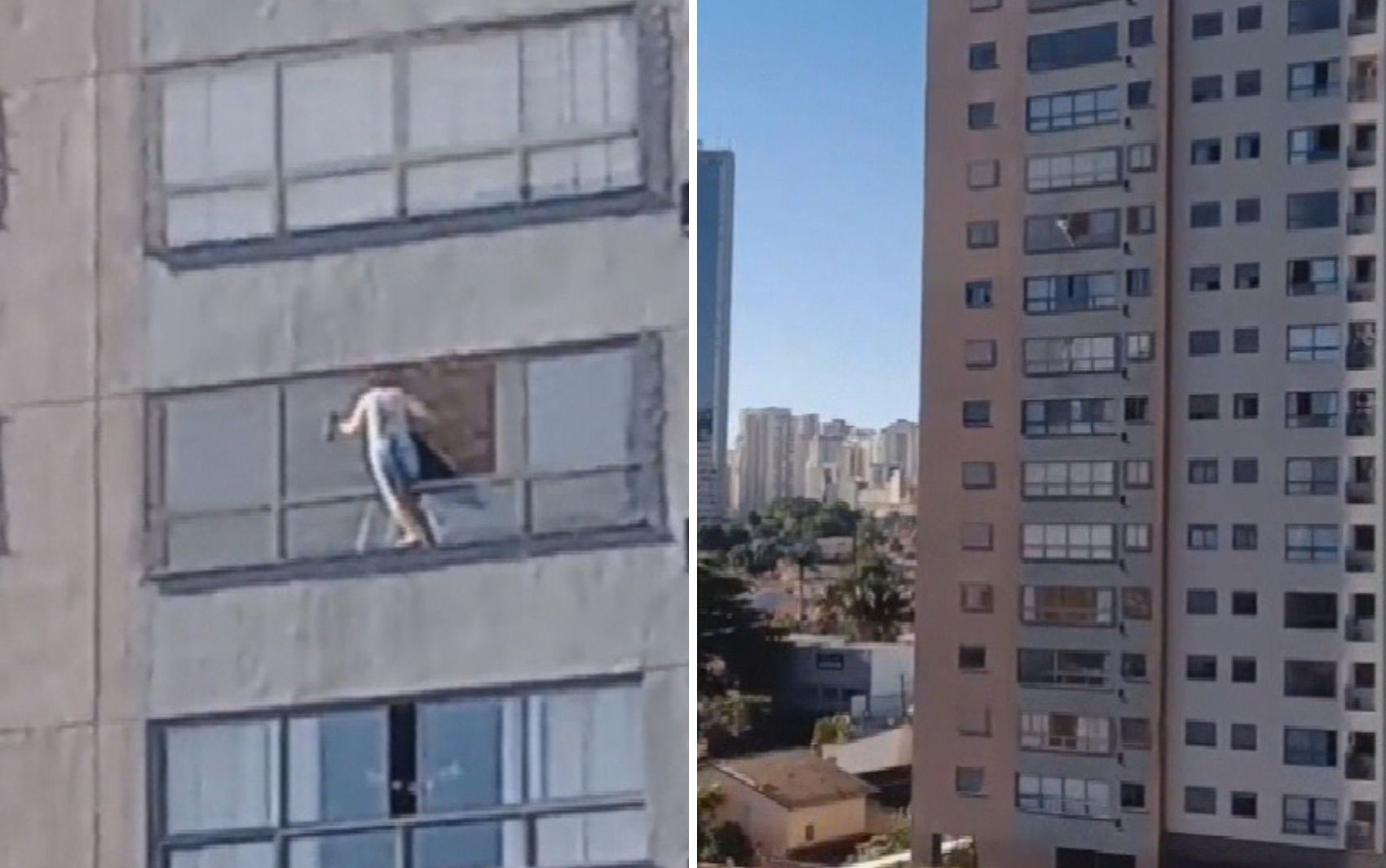 Mulher fica do lado de fora de janela no 10º andar de prédio para limpar vidro, em Goiânia; vídeo