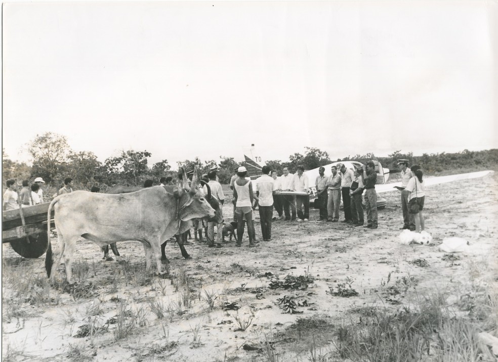 Na pista do antigo aeroporto; carro de boi e aeronave dividem espaço — Foto: Siqueira Campos/Arquivo Pessoal