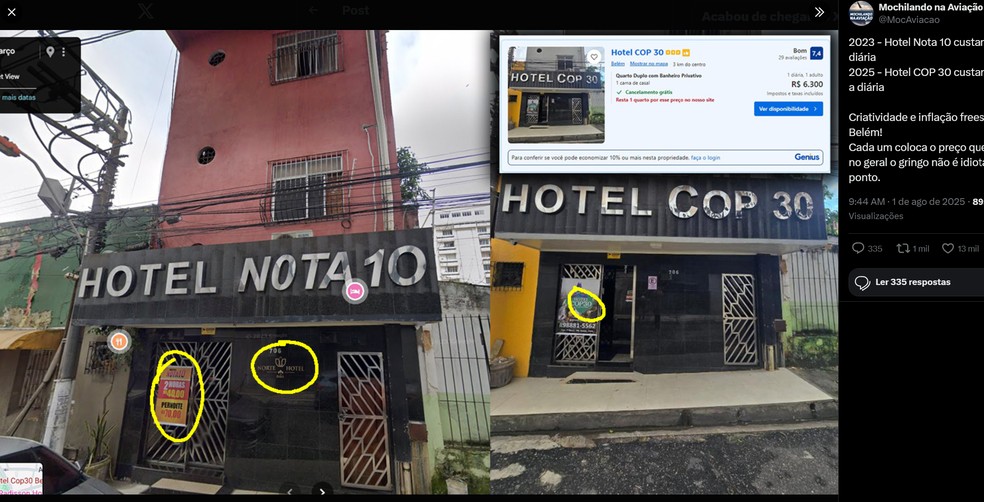 Comparação que viralizou em post no X com base em imagens do Google Maps e preço de hospedagem em plataforma — Foto: Reprodução