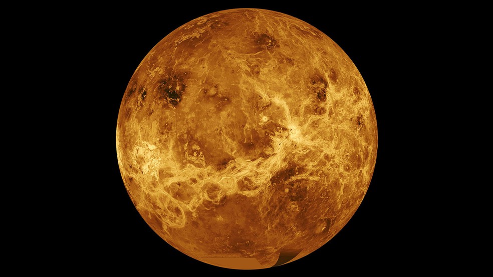 Imagem do planeta Vênus em uma combinação de dados da sonda Magellan da Nasa e da Pioneer Venus Orbiter — Foto: Nasa/JPL-Caltech