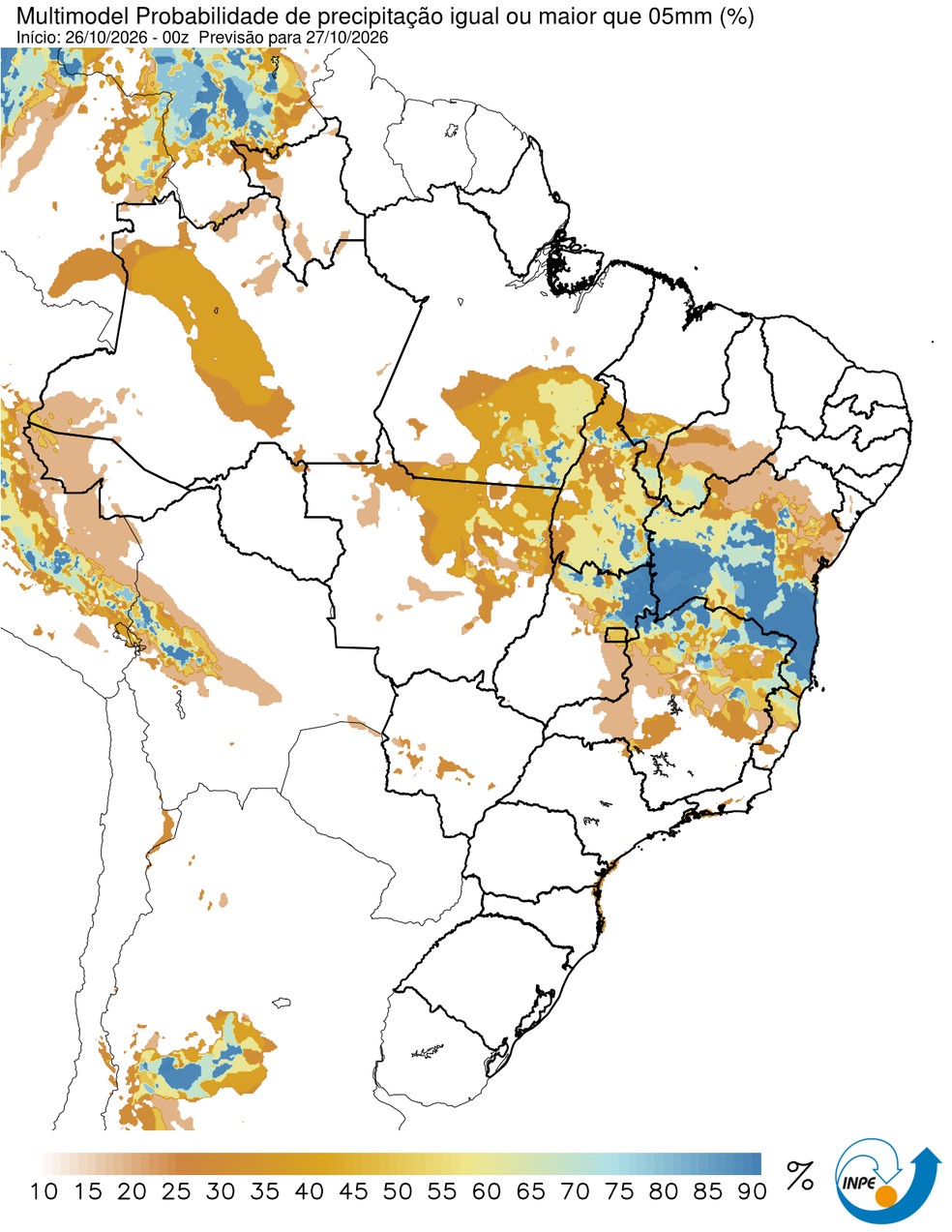 Mapa mostra previsão de chuva para esta terça (27/10) em todo o Brasil. — Foto: CPTEC/Inpe