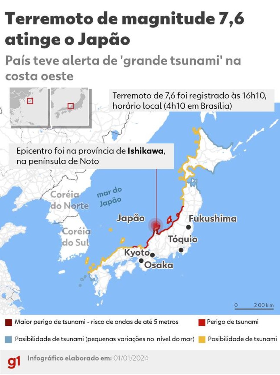 Terremoto de magnitude 7,6 atinge o Japão — Foto: Arte g1