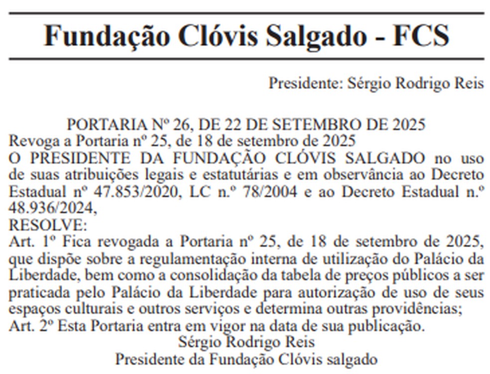 Portaria que revoga o aluguel do Palácio da Liberdade para eventos privados. — Foto: Reprodução