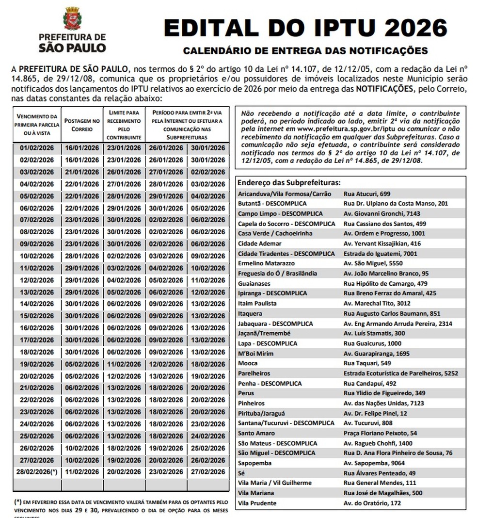 Calendário de pagamentos do IPTU 2026 em São Paulo. — Foto: Reprodução/PMSP