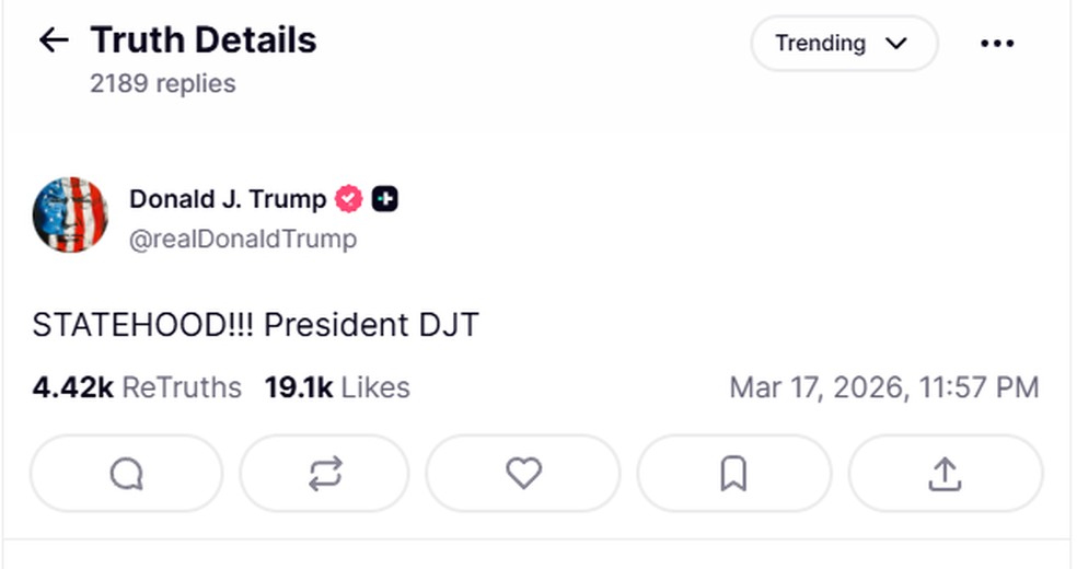 Reação de Trump à vitória da Venezuela em cima do EUa no Campeonato Mundial de Basaball — Foto: Reprodução/Truth Social