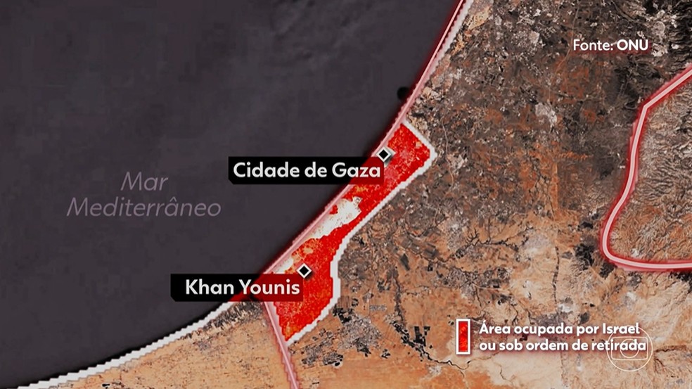 Mapa mostra área da Faixa de Gaza já sob ocupação de tropas israelenses ou ordem de retirada. — Foto: Reprodução/ TV Globo