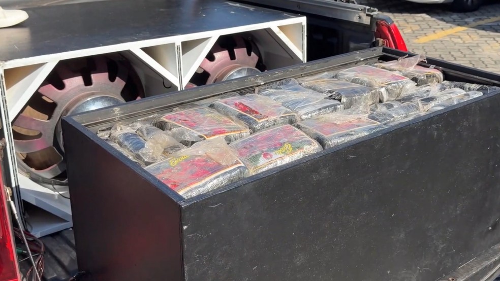 Polícia Civil apreendeu 90,3 kg de skunk dentro de caixa de som automotiva, na BR-222, em Caucaia. — Foto: Divulgação/SSPDS