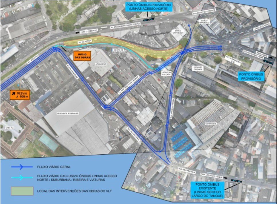 Obras de macrodrenagem e implantação da via permanente do VLT causam mudança no fluxo de veículos na Calçada; entenda