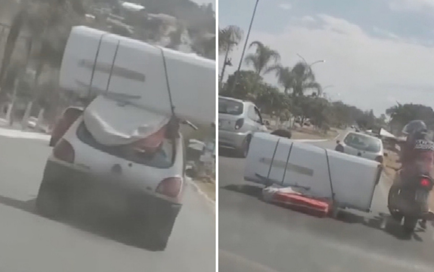 Geladeira e colchão amarrados no teto de carro caem no meio da rua; vídeo 