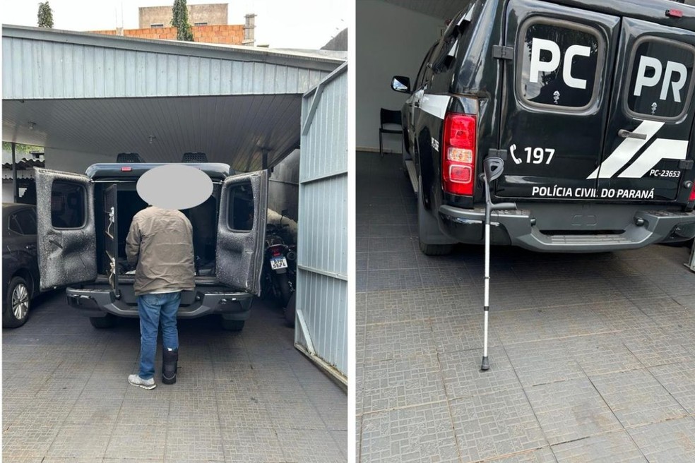 Homem foi até banco usando muleta e bota ortopédica para fingir que tinha deficiência física. — Foto: Polícia Civil (PC-PR)