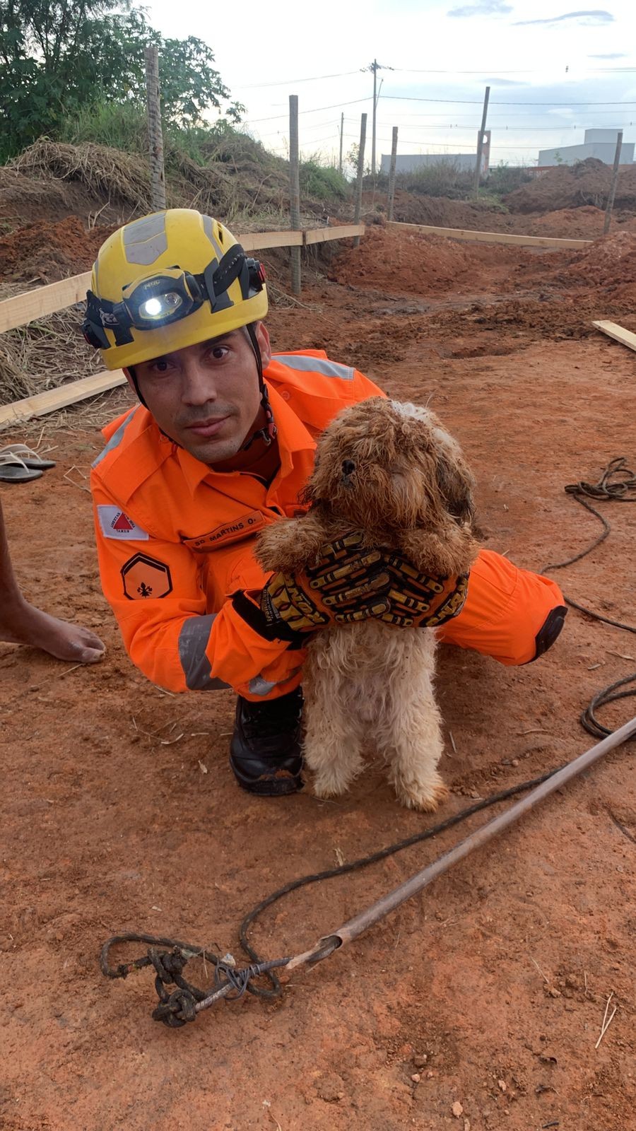 Cachorro é resgatado de buraco de obra de cerca de 8m de profundidade