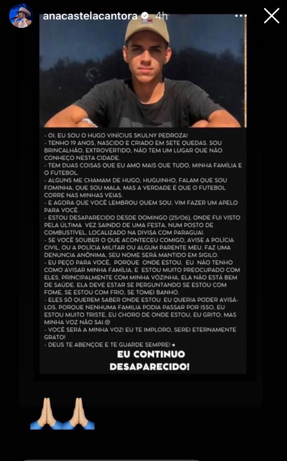 Ana Castela compartilhou cartaz de buscas pelo jogador de futebol. — Foto: Reprodução/Instagram