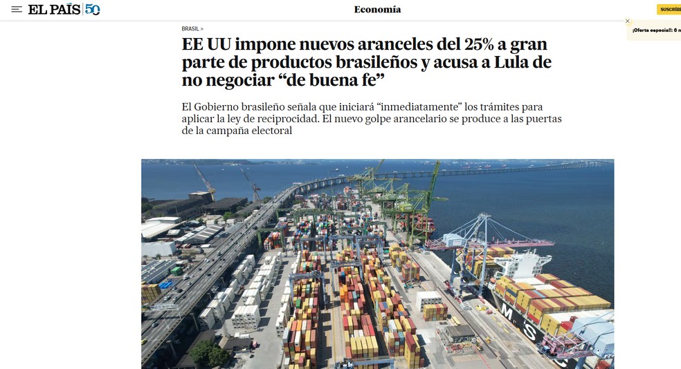 Reportagem do jornal El País, da Espanha, sobre tarifas de 25% impostas pelos EUA ao Brasil em 16 de julho de 2026. — Foto: Reprodução/El País