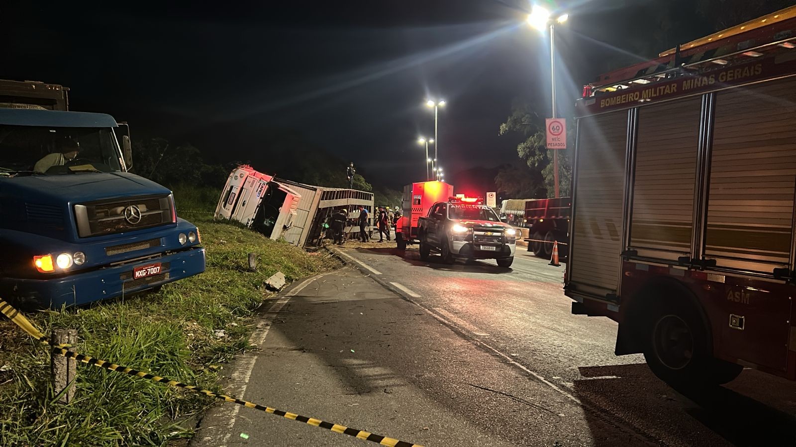 Caminhão carregado com bois tomba no Anel Rodoviário de Belo Horizonte