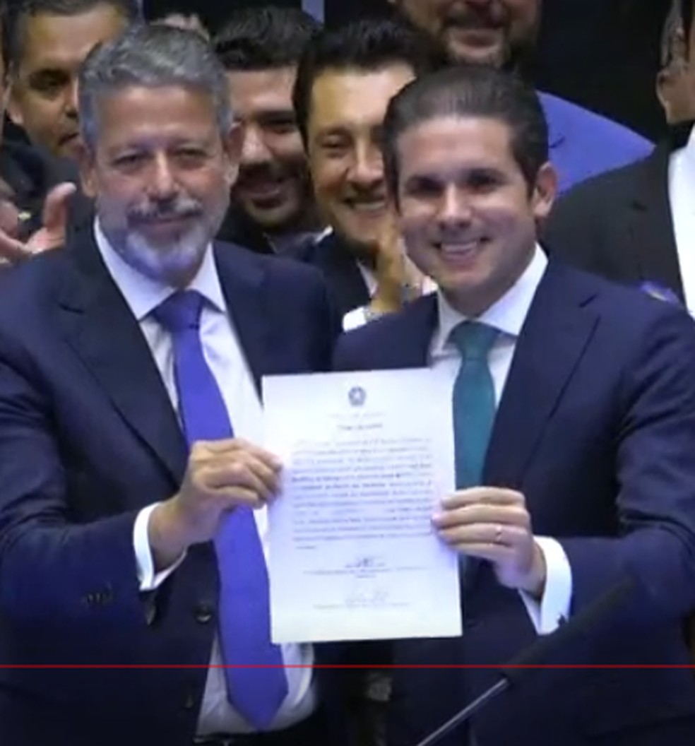 Lira e Motta ap�s resultado da elei��o na C�mara em 2025 � Foto: Reprodu��o/TV C�mara