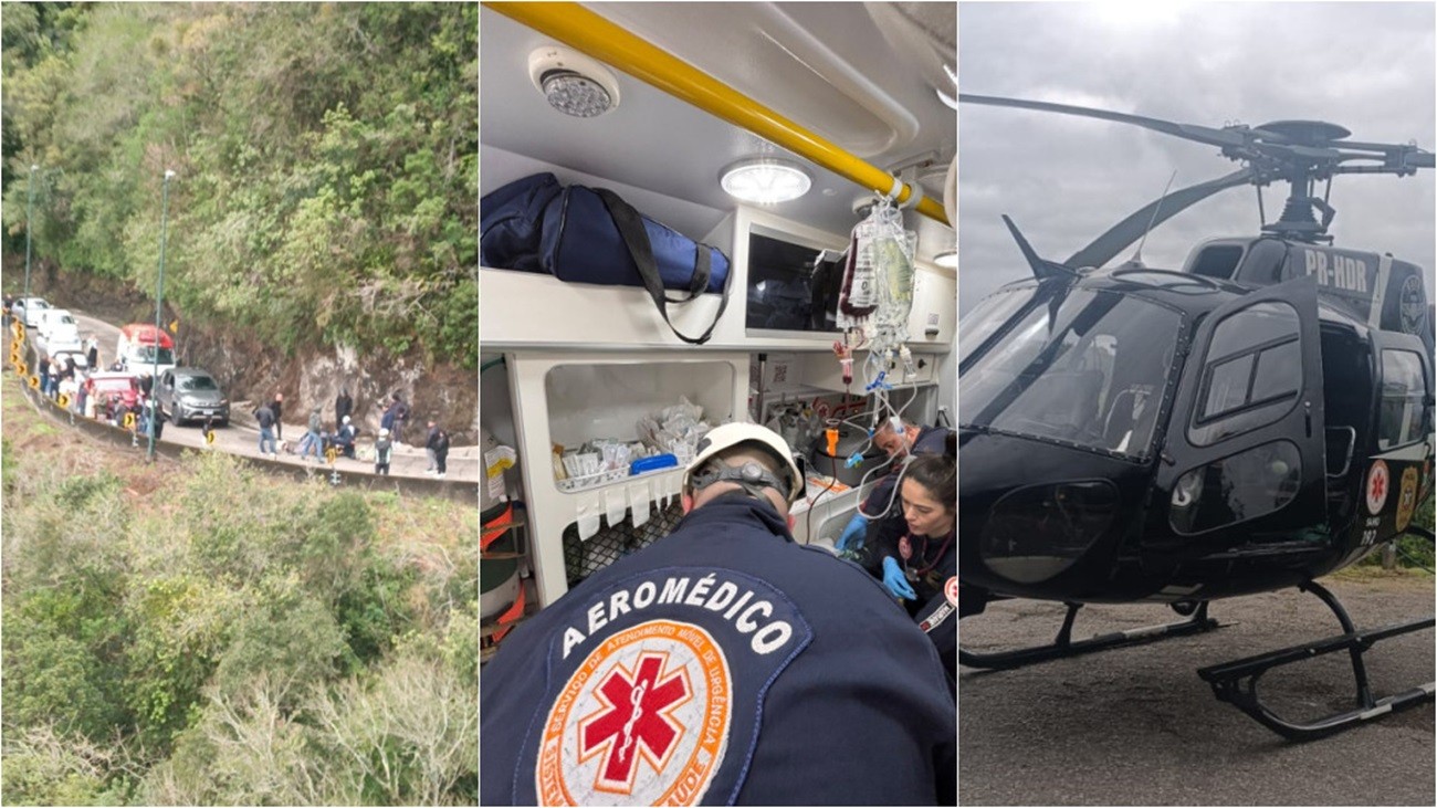 Ciclista bate em caminhão na Serra do Rio do Rastro, se fere e recebe transfusão de sangue no local; VÍDEO