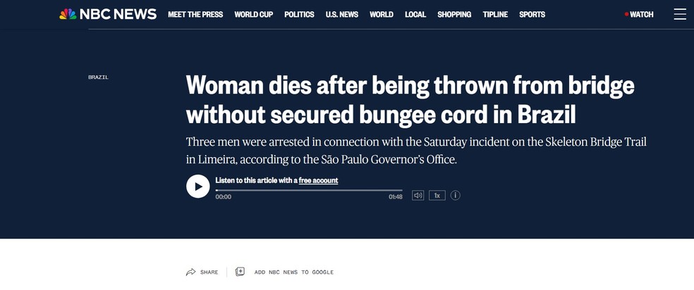 NBC News abordou o fato de a vítima ter sido lançada sem os equipamentos de segurança em rope jump — Foto: Reprodução