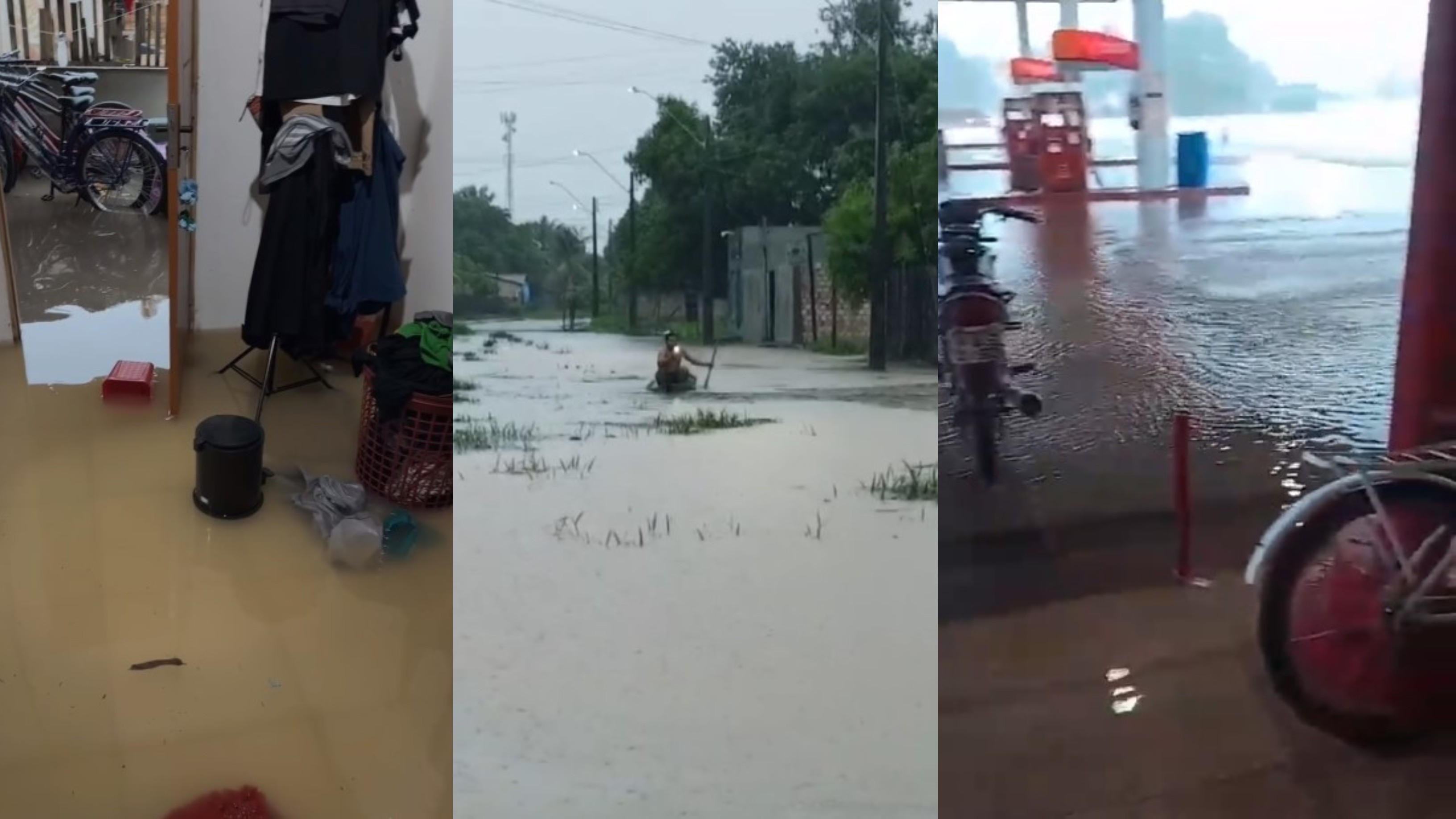 Casa fica alagada, posto de gasolina inundado e morador anda de canoa em rua submersa após fortes chuvas em Caracaraí
