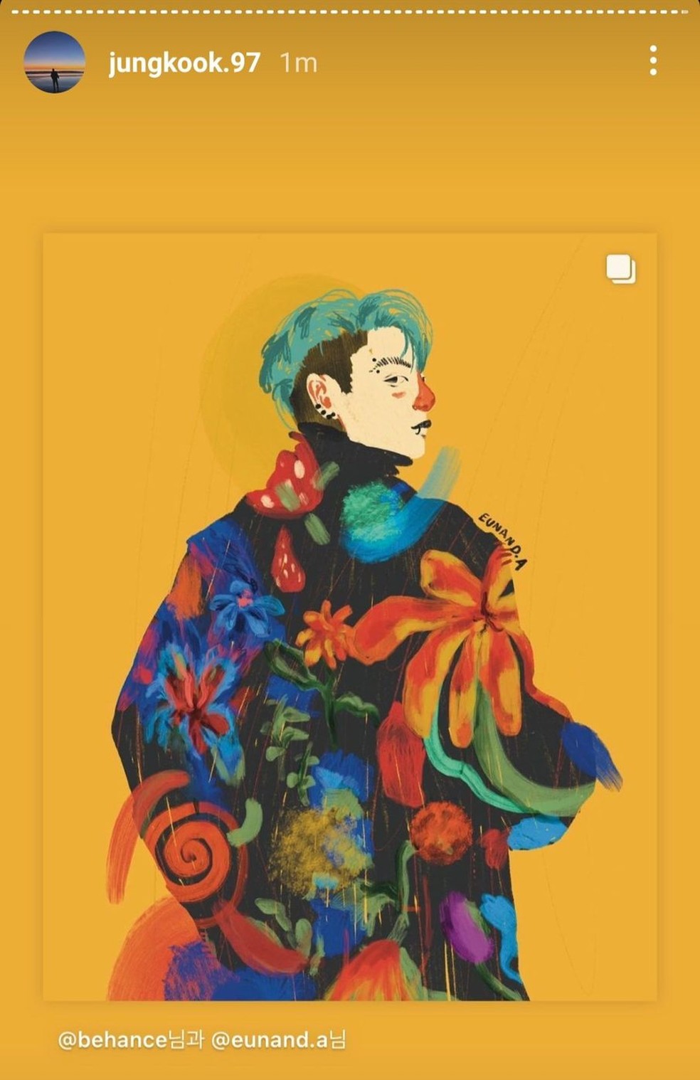 Cantor da banda de k-pop BTS compartilha arte feita por fã de