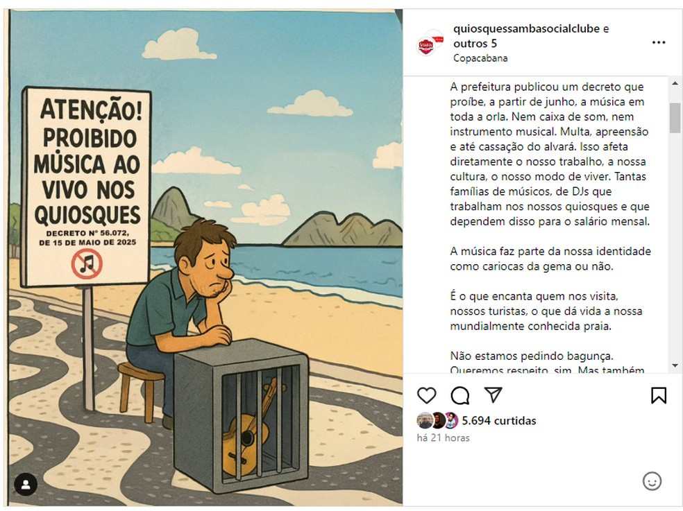 Quiosques fizeram publicação conjunta criticando proibição — Foto: Reprodução