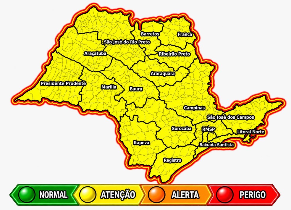 Estado de São Paulo está em atenção para pancadas de chuva e rajadas de vento — Foto: Defesa Civil estadual