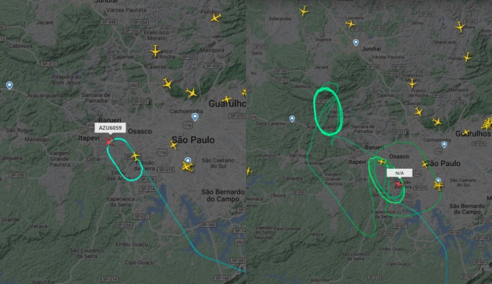 Aviões aguardam para pousar em São Paulo — Foto: Reprodução/Flightradar24