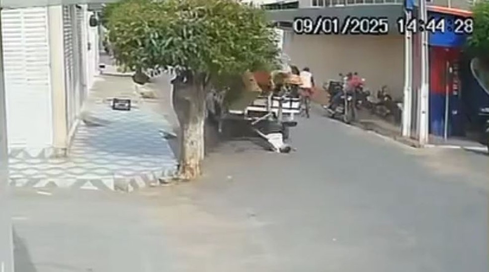 Homem cai de carro de mudança após guarda-roupa bater em árvore na cidade de Poranga. — Foto: Reprodução