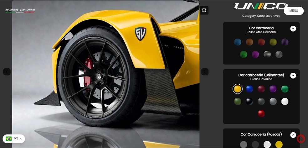 Configurador do Super Veloce Unico, supercarro brasileiro &mdash; Foto: Divulga&ccedil;&atilde;o / Super Veloce