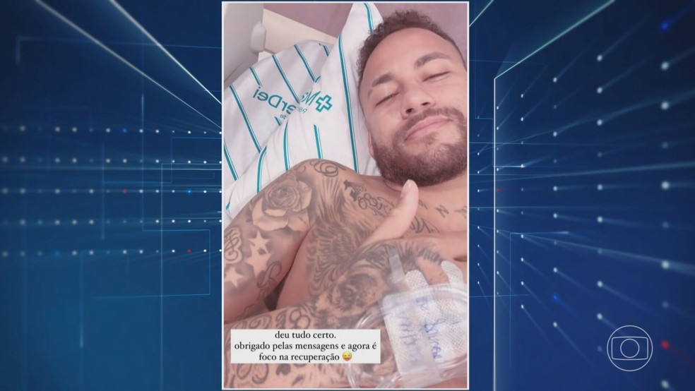 Neymar agrace fãs pelo apoio após cirurgia. — Foto: Reprodução/Jornal Nacional