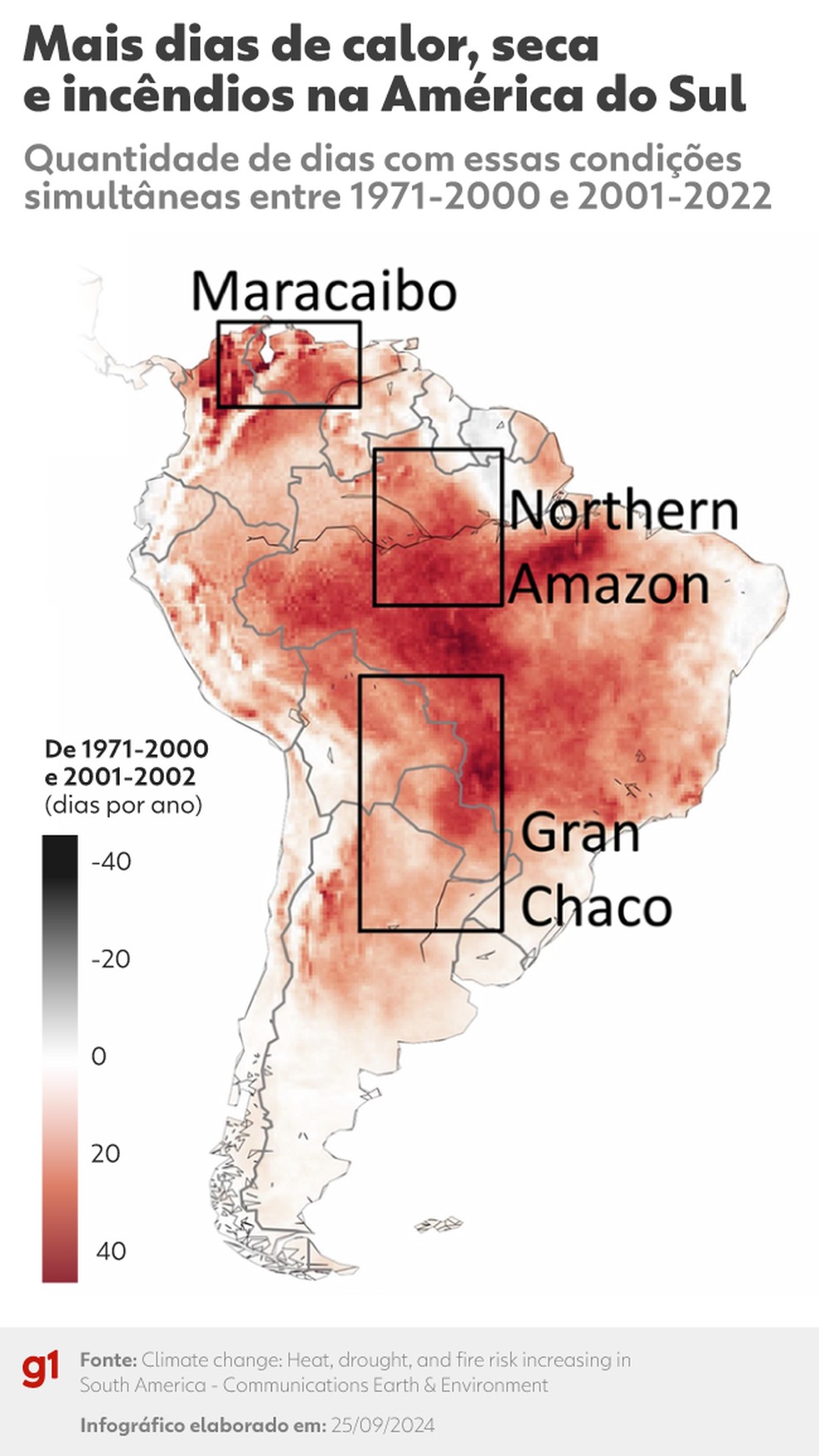 Mais dias de calor, seca e inc�ndios na Am�rica do Sul. � Foto: Arte/g1