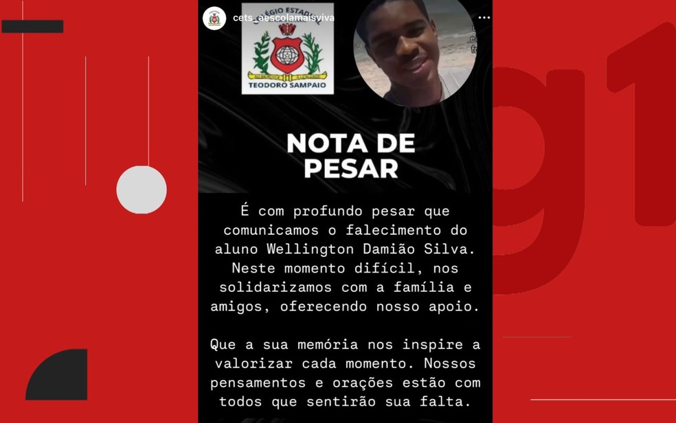Colégio onde jovem estudava publicou uma nota lamentando a morte. — Foto: Redes Sociais