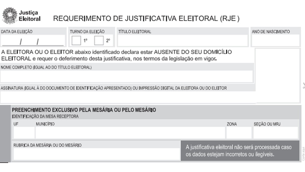 Print do formulário de Requerimento de Justificativa Eleitoral (RJE). — Foto: Reprodução/TSE