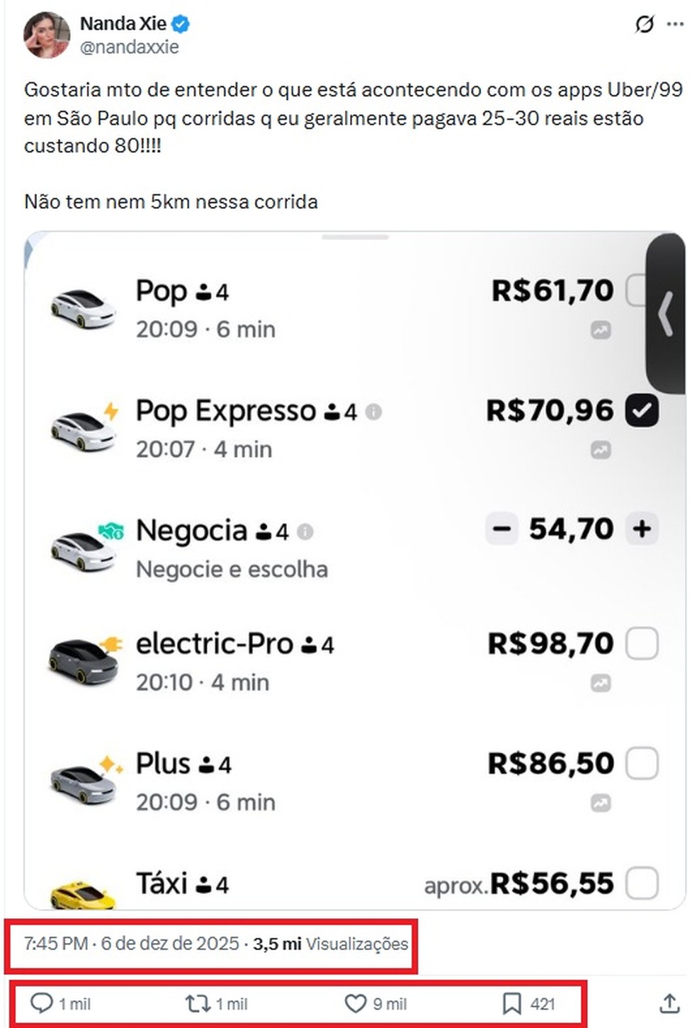 Post com reclamação de preços do Uber e da 99 viraliza nas redes sociais. — Foto: Reprodução/X