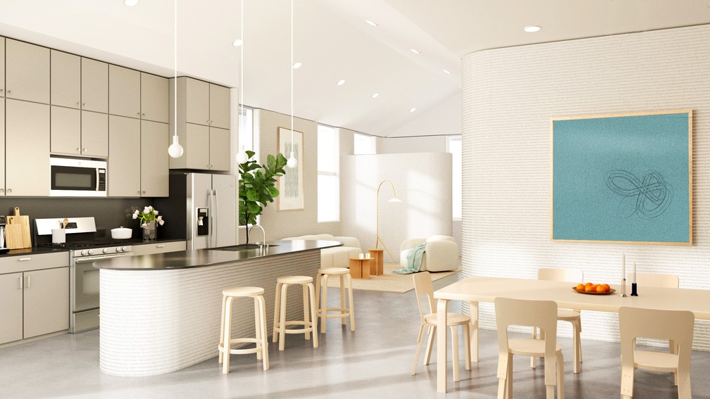 Imagem modelo do interior de uma das casas construídas com impressora 3D no Texas, nos EUA — Foto: Divulgação/ICON