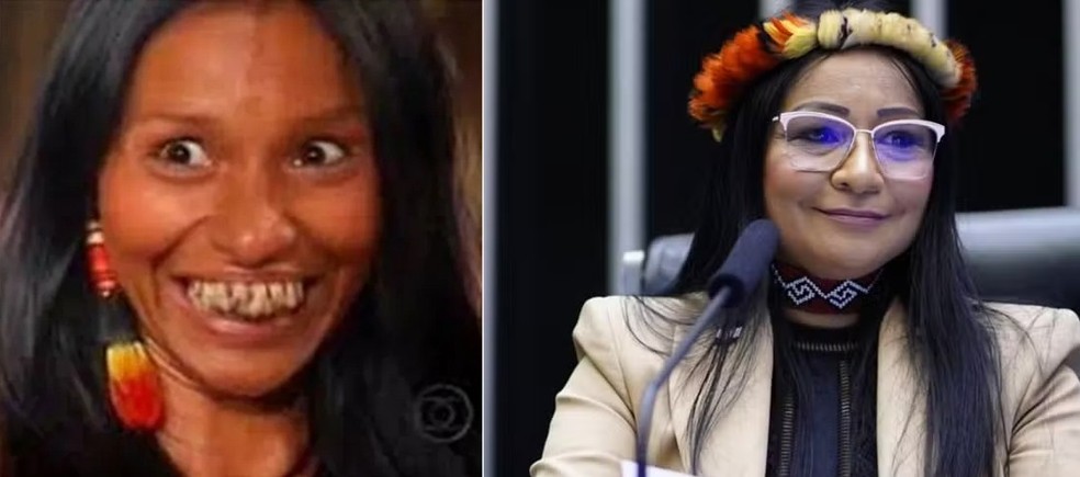 Silvia Waiãpi (PL-AP), deputada federal cassada por usar dinheiro da campanha eleitoral de 2022 para pagar harmonização facial, já foi atriz de novela — Foto: Reprodução/TV Globo e Câmara dos Deputados/Divulgação