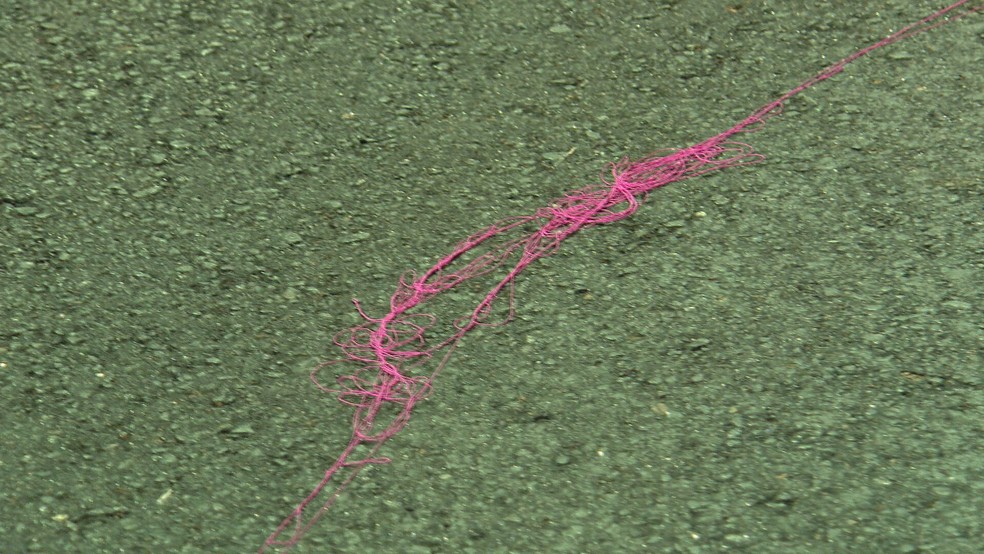 Restos da linha chilena ficaram no asfalto da Via Light — Foto: Maiane Brito/TV Globo