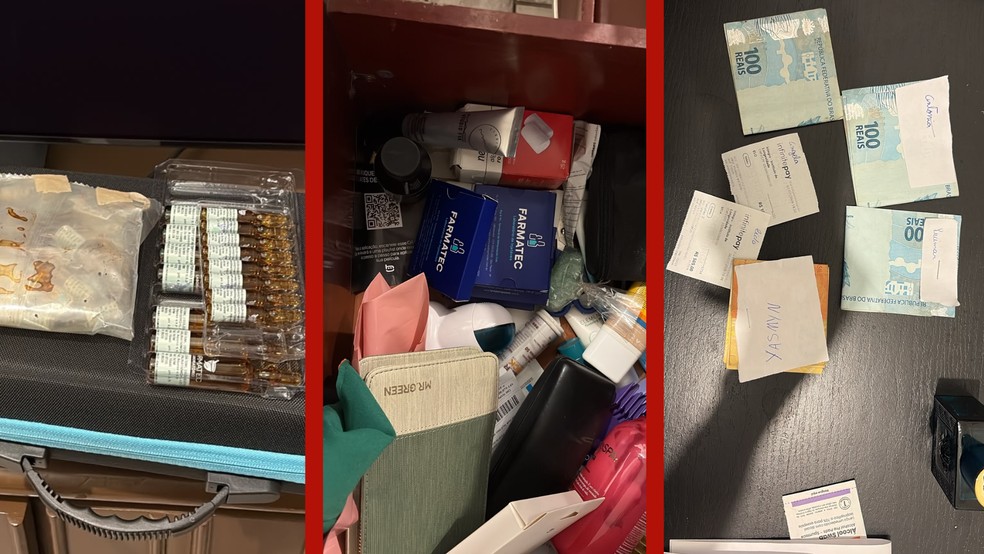 Operação Salus apreendeu medicamentos, substâncias injetáveis, receituários, documentos, registros administrativos, anotações e comprovantes de pagamentos — Foto: Polícia Civil