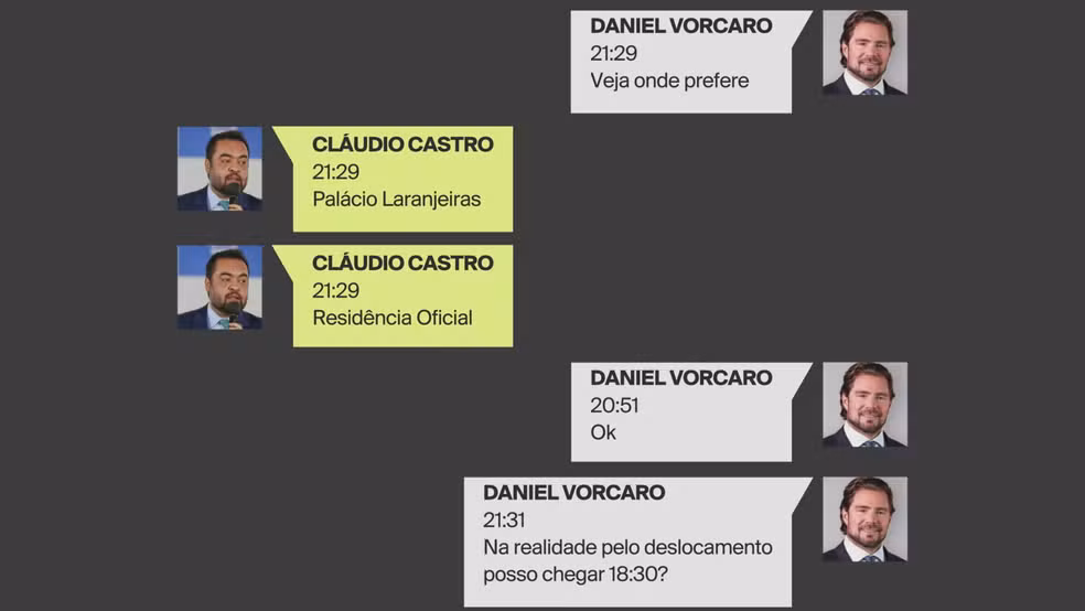 Diálogos de Castro e Vorcaro sobre reunião no Palácio Guanabara — Foto: Reprodução/GloboNews