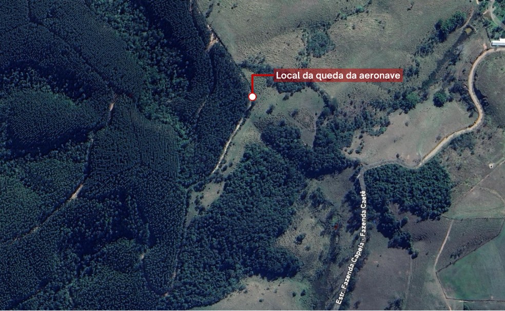 Local da queda da aeronave em Santa Branca, SP — Foto: Reprodução/Google Earth