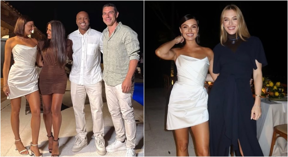 Thiaguinho e sua namorada, Carol Peixinho, e a atriz Fiorella Mattheis, estiveram no pré-wedding e são convidados do casamento de Isis Valverde em Jarinu, interior de São Paulo — Foto: Instagram/Reprodução